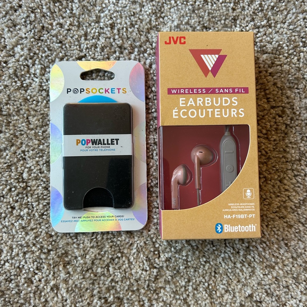 New Bluetooth headphone and a card holder that goes on the back of your phone